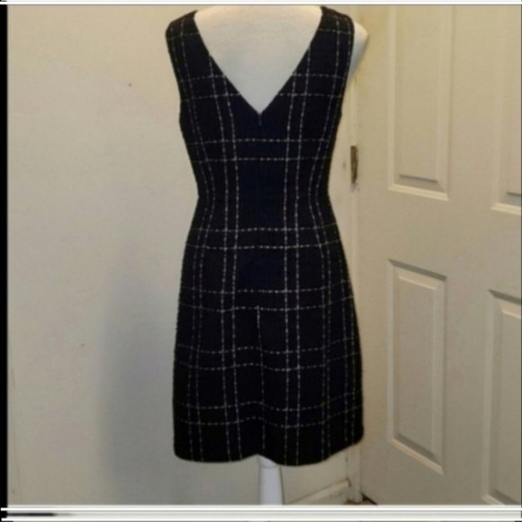 Flora Bea Navy Blue/Gold Tweed Sleeveless V-Back Knee Length Shift Dress medium - Picture 3 of 8